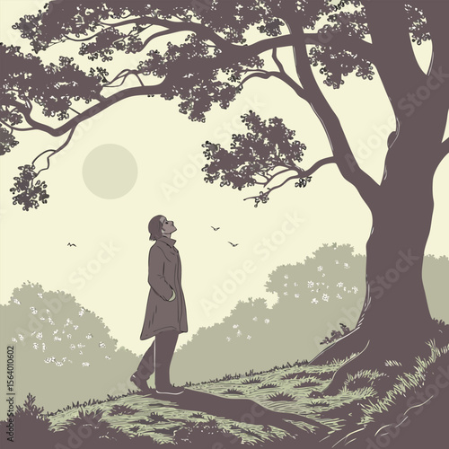 Nature scene with tree and fullmoon at night and Digital art moon and tree and man