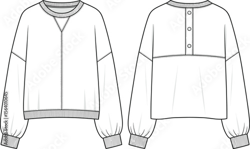 Balloon Sleeve Sweatshirt Flat Sketch – Front and Back Technical Drawing with Button Back Yoke, Ribbed Hem and Cuffs