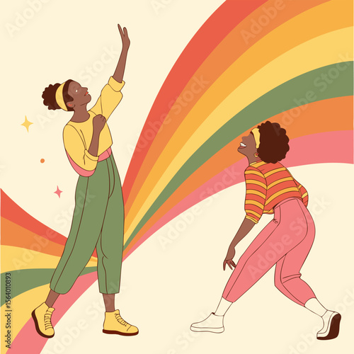 Colourful silhouettes of people dancing on a grunge background