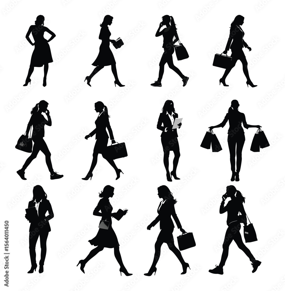 Fototapeta premium Collection of modern women silhouettes in various walking and standing poses, featuring shoppers and businesswomen on the go.