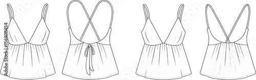 Strappy Camisole Top Flat Sketch – Women’s Crisscross Back Babydoll Style Fashion CAD with Adjustable Ties and Gathered Hem