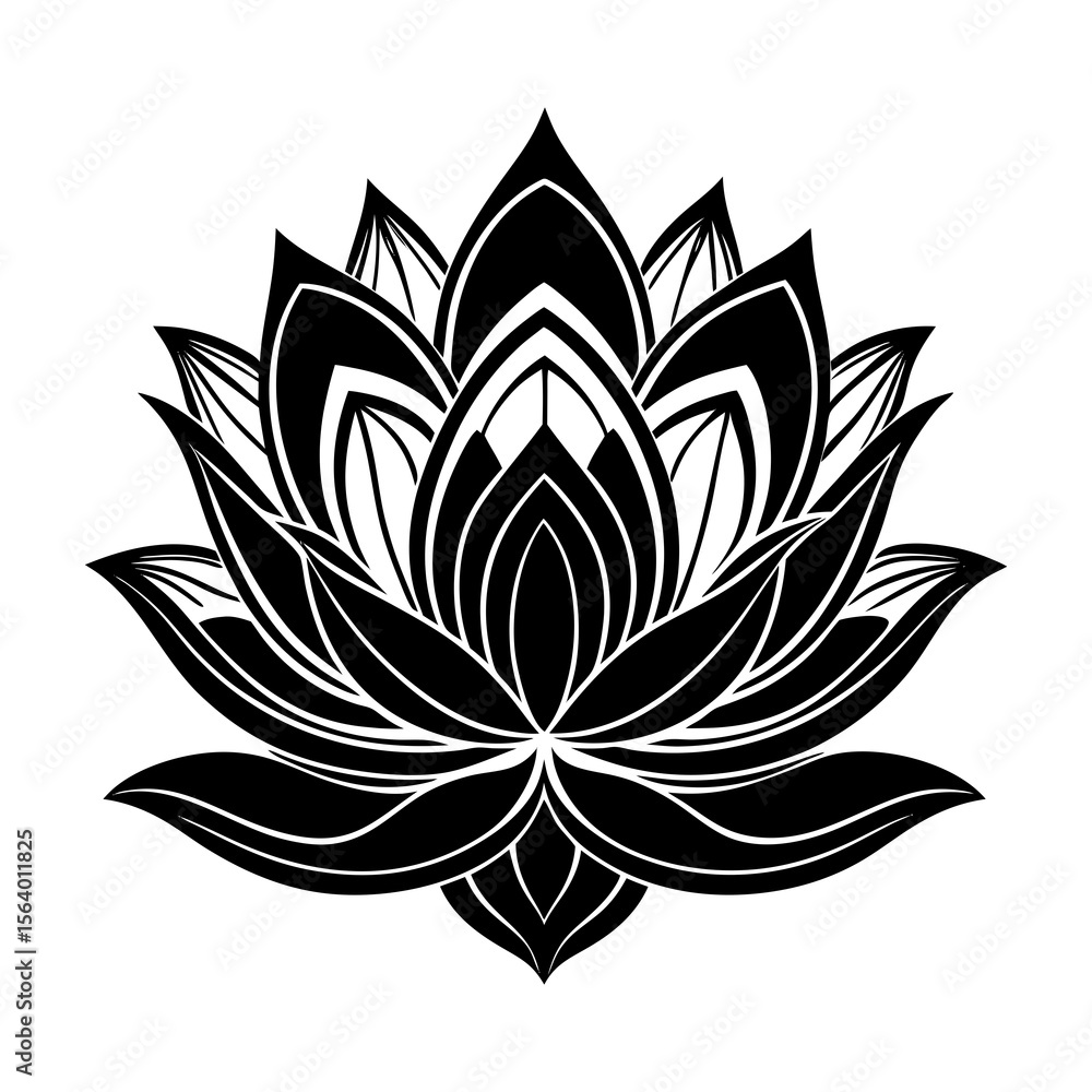 Elegant black and white stylized lotus flower illustration with intricate petal details symbolizing purity peace and enlightenment on a clean white background Elegant black and white stylized lotus flower illustration with intricate petal details symbolizing purity peace and enlightenment on a clean white background