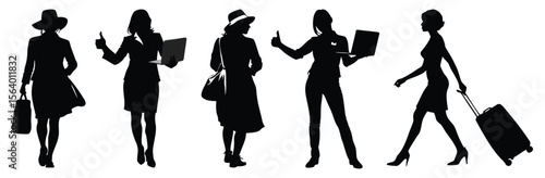 Set of modern female silhouettes depicting businesswomen with laptops, stylish figures, and a traveler with luggage.
