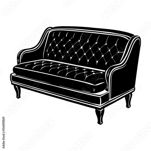 Vintage sofa illustration with tufted backrest design, Black and white drawing of a two-seater sofa featuring a tufted backrest and slim legs, symbolizing classic furniture and interior decor.
