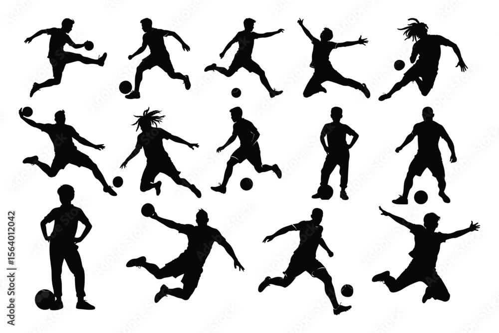 Obraz premium Dynamic collection of footballer silhouettes capturing various action-packed poses like kicking, dribbling, volleying, and standing with a ball.