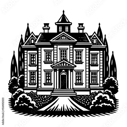 Elegant black and white illustration of a grand manor house with a central portico multiple windows dormers and surrounding manicured gardens and trees