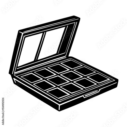 A black and white illustration of an open makeup palette with twelve eyeshadows and a mirror inside presented on a clean white background
