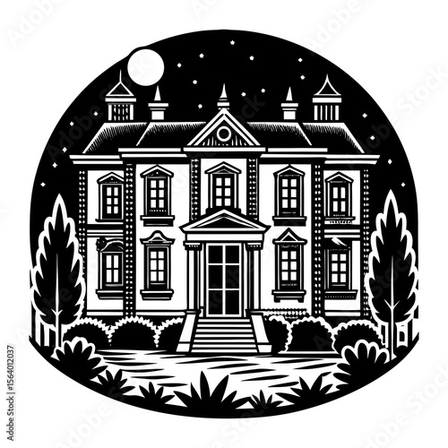 A grand elegant mansion stands under a starry night sky with a full moon illuminating the scene surrounded by manicured bushes and trees in a classic architectural illustration
