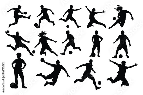 Wallpaper Mural Dynamic collection of footballer silhouettes capturing various action-packed poses like kicking, dribbling, volleying, and standing with a ball. Torontodigital.ca