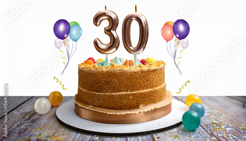 30 year old birthday cake or 30 year anniversary cake celebration with balloons and party decoration transparent background