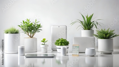 Photo of a collection of potted plants and modern electronic devices arranged on a white table, isolated on white background