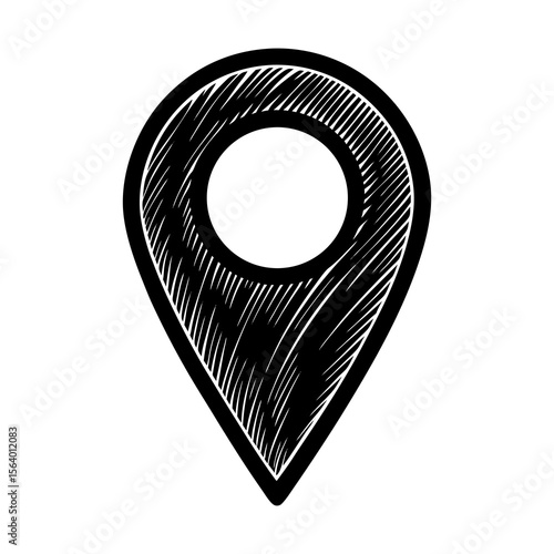 A hand drawn sketch of a black location pin icon with a white circle inside and a textured fill isolated on a white background