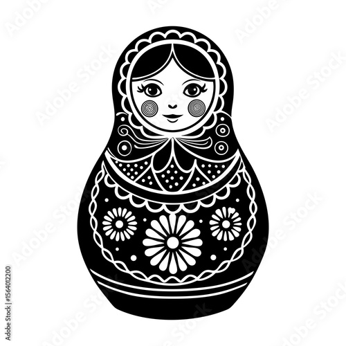 A black and white silhouette of a traditional russian matryoshka doll adorned with intricate floral patterns and decorative elements against a clean white background