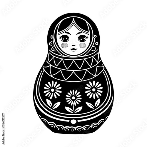 A striking black and white graphic illustration of a traditional russian nesting doll known as a matryoshka adorned with floral patterns and decorative motifs presented in a clean isolated design