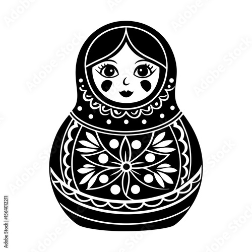 A stylized black and white illustration of a traditional russian nesting doll with decorative floral patterns and a friendly face on a clean white background