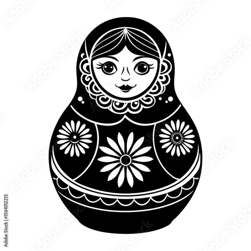 Stylized black and white illustration of a traditional russian matryoshka doll featuring floral patterns and a friendly face isolated on a white background