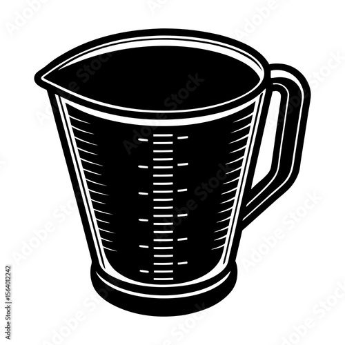 A black and white illustration of a measuring cup with a handle and clear volume markings on its side isolated on a white background