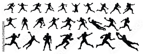 Large collection of American football player silhouettes in various dynamic poses like running, throwing, catching, and celebrating.