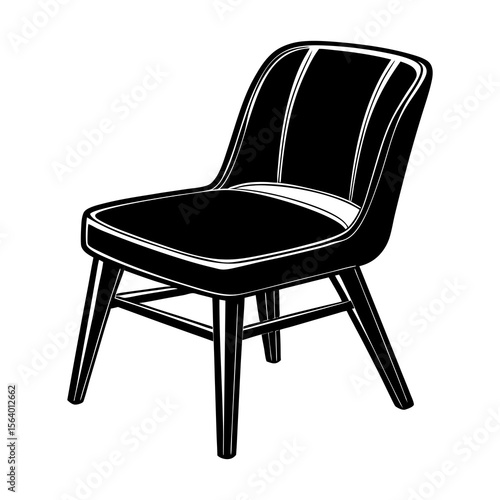 A stylish black and white illustration of a modern upholstered chair with a high back and four wooden legs isolated on a clean white background