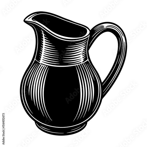 A classic black and white illustration of a vintage pitcher with a handle and spout rendered in a woodcut engraving style isolated on a white background
