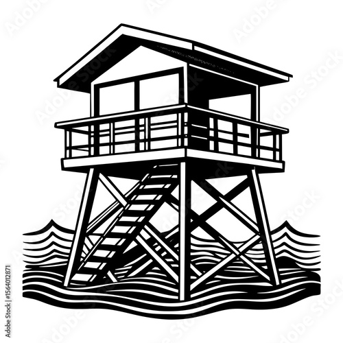 A minimalist black and white illustration of a lifeguard tower standing on stilts in wavy water featuring a simple design with clear lines and bold shapes