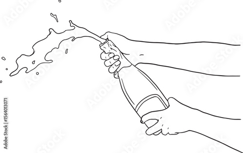 Dynamic vector illustration of hands uncorking a champagne bottle with an exciting pop and spray. Perfect for conveying celebration, success, and festive moments. Ideal for party invitations.