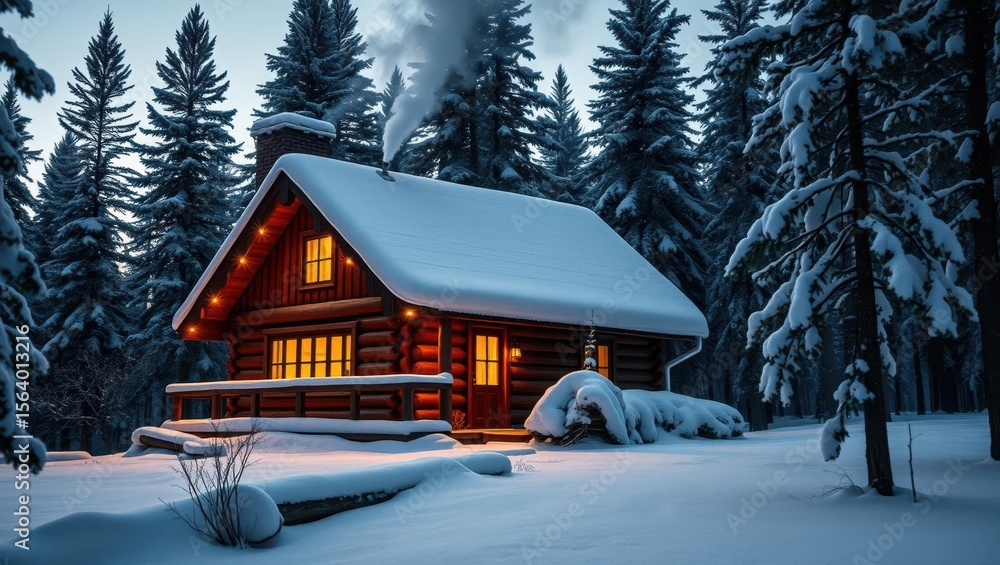 Fototapeta premium Cozy log cabin nestled in a snowy forest with warm lights glowing through windows and steam rising from the chimney