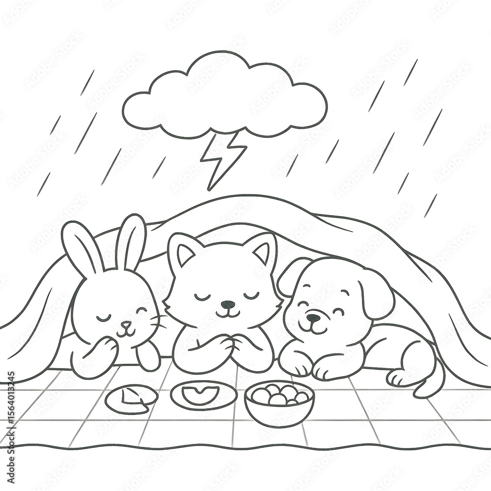 Obraz premium Cat, dog and rabbit sheltering from a thunderstorm under a blanket, eating snacks on a picnic blanket, hand drawn illustration