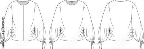 Long sleeve ruched top with drawstring cuffs – fashion technical flat sketch