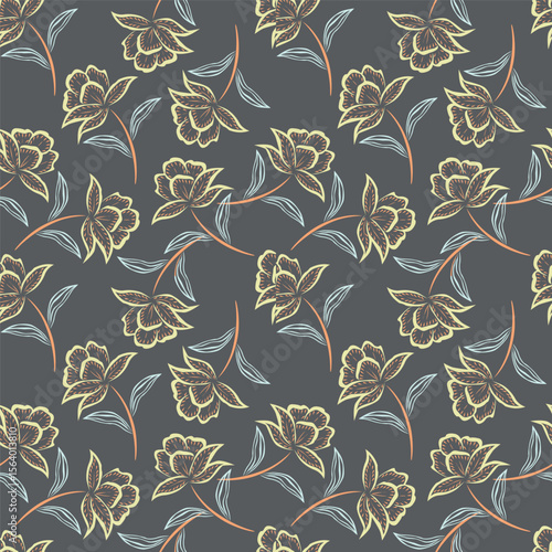 Summer floral seamless pattern. Blooming meadow plants. Artistic abstract flowers and leaves repeated print. Vector drawn botanical illustration.
