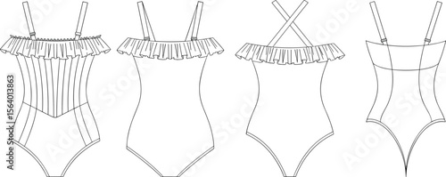 Ruffle strap one-piece swimsuit flat sketch – front and back views with smocking and cross-back details