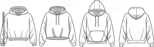 Cropped and classic hoodie fashion flat sketches – front and back views with drawstring and kangaroo pocket