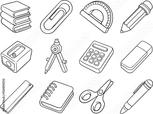 Hand-drawn school and stationery icons, perfect for educational themes or office supplies. This collection includes essential items like books, paperclip, protractor, pencil, sharpener, compass.