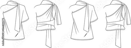 Asymmetric one-shoulder top fashion flat – draped tie neckline with wrap detail