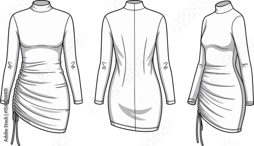 Flat sketch of ruched bodycon mini dress with mock neck and side drawstring – fashion technical illustration