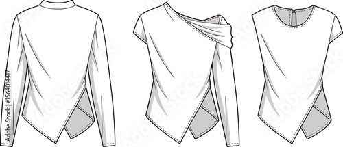 Asymmetric hem top fashion flat with draped neckline – women’s technical fashion illustration