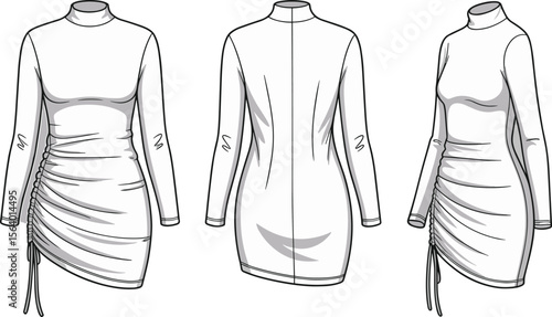 Flat sketch of ruched bodycon dress with mock neck, long sleeves, and drawstring side detail – fashion technical drawing