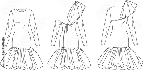 Voluminous drop-waist ruffle dresses – long sleeve gown with hood, sash drape, gathered skirt technical fashion flat sketch