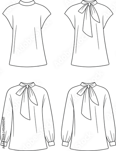 Women’s blouse flat sketch – bow neck blouse with short and long sleeves, cuff detail, and mock neck collar