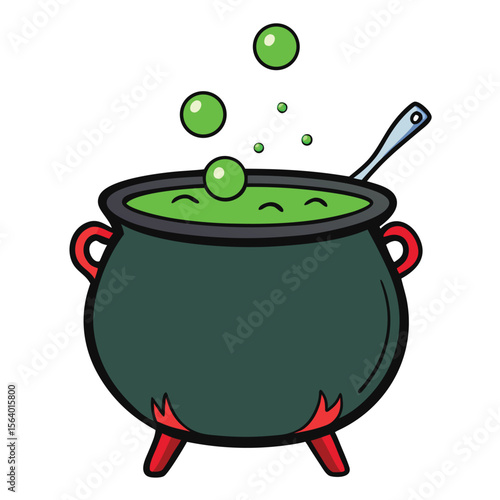 
Green Cauldron with Bubbling Potion - Halloween Vector Illustration