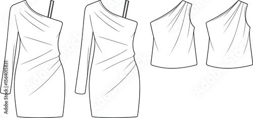 Asymmetrical one-shoulder dress and top fashion flat – draped women’s design with strap and long sleeve variations
