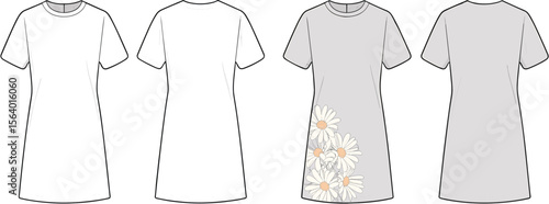 T-shirt dress flat – women’s short sleeve dress with daisy floral print and fashion technical flat sketch front and back