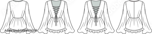 Peplum blouse fashion flat – women’s technical top with bishop sleeves, lace-up back, ruffle hem, and romantic design