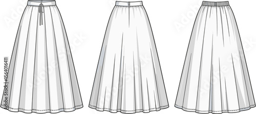 Pleated midi skirt fashion flat – technical sketch of full skirts with waistband, back zip, drawstring, and elastic waist