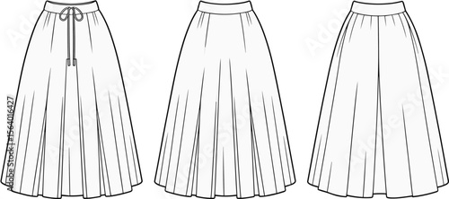A-line pleated skirt fashion flats – technical sketch of midi skirts with drawstring, fitted, and relaxed waistband options