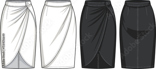 Draped pencil skirt technical flat with front overlap and side gathers – front and back fashion sketch for women