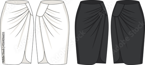 Side-gathered pencil skirt technical flat – wrap front draped skirt design fashion sketch for women’s apparel illustration