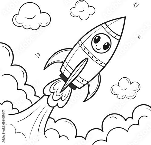 Cartoon rocket soaring through a cloudy sky, a playful symbol of design