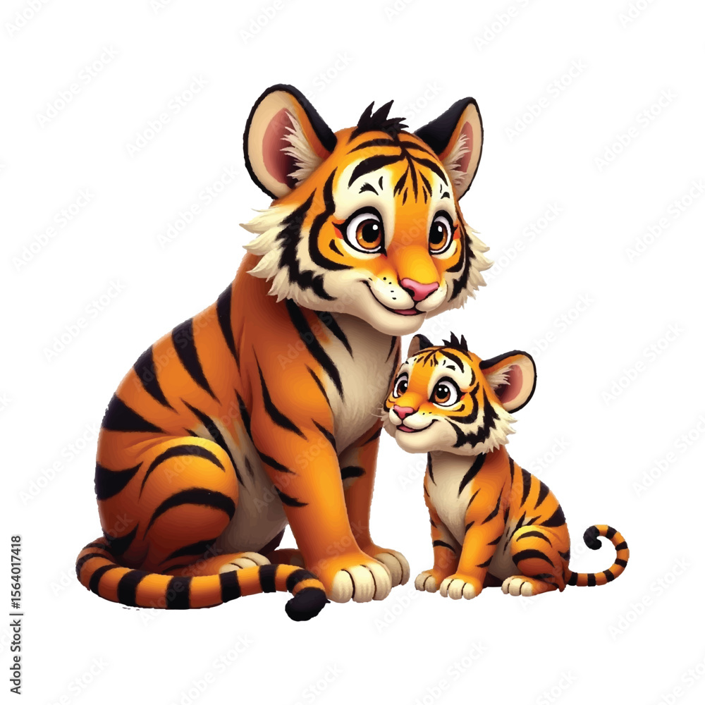 Fototapeta premium Adorable Cartoon Tiger Mom and Cub Illustration – Cute Animal Art for Kids