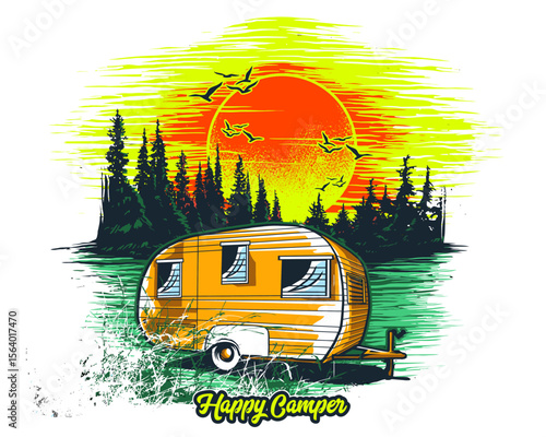 Happy camper vintage trailer camping scene with sunset trees and birds for outdoor adventure lovers Vector EPS 